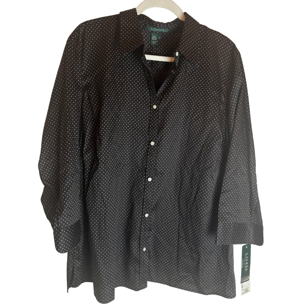 Lauren Ralph Lauren 2X Black Polka Dot Cotton Button Down Blouse Shirt NEW
